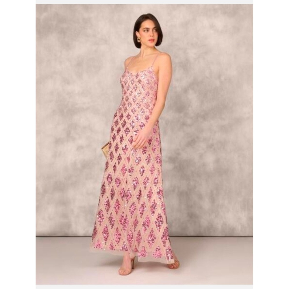 Aidan Mattox By Adrianna Papell Pink‎ Sequin Diamond Geometric Gown Size 16
